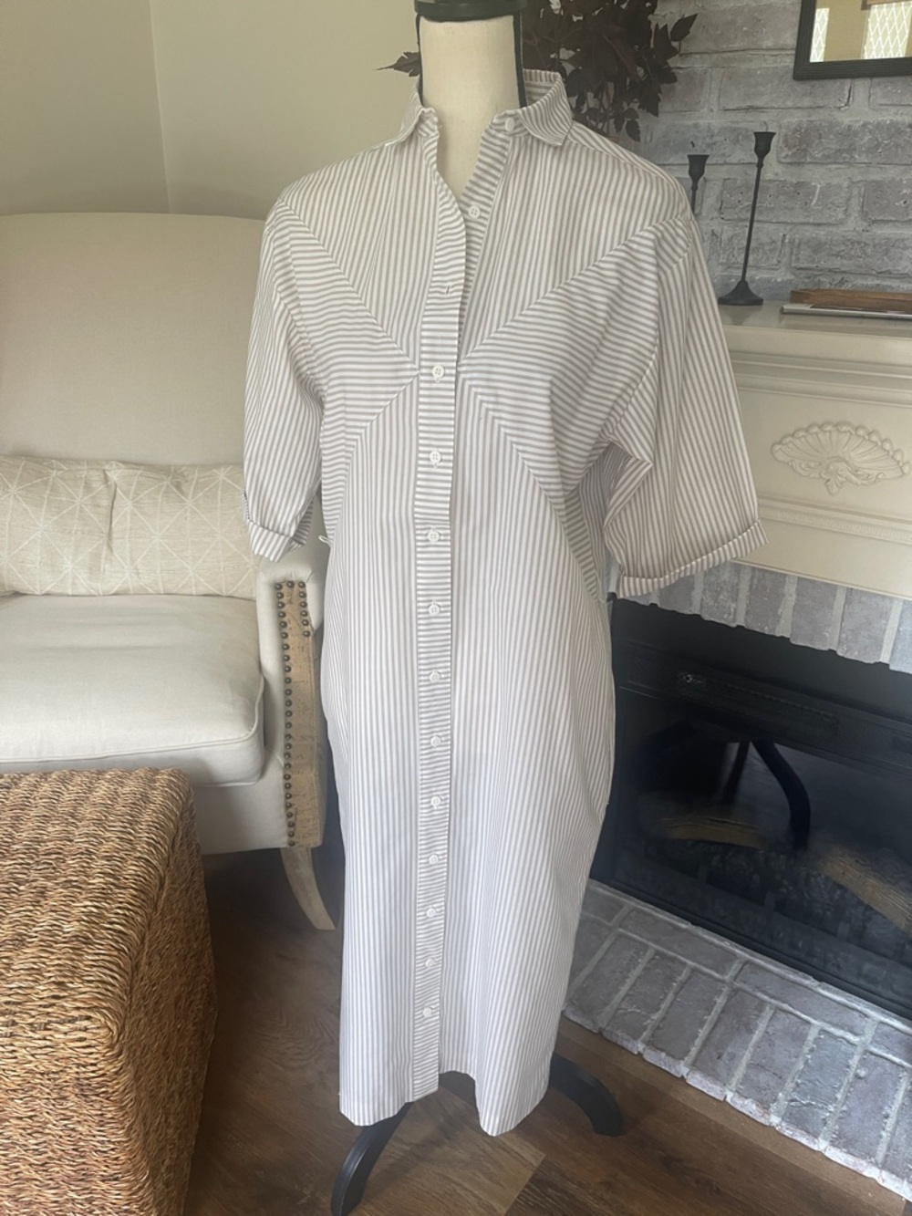 John Henry Tan & Cream Striped Shirt Dress short cuffed sleeves Pockets Size10P - Picture 2 of 14